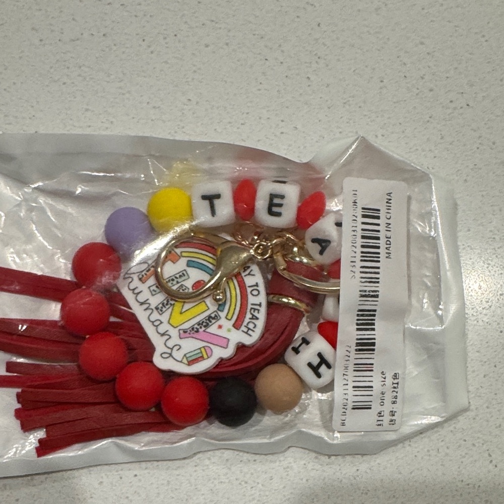 SHEIN Red Beaded Keychain with Rainbow Teacher Charm